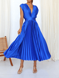 Yooulike Pleated A-Line Belt V-Neck Backless Tie Back Sleeveless Elegant Prom Party Midi Dress