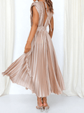 Yooulike Pleated A-Line Belt V-Neck Backless Tie Back Sleeveless Elegant Prom Party Midi Dress