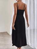 Yooulike Solid Color Bodycon Side Slit Draped V-Neck Ruffle Collar Backless Cami Sleeveless Elegant Fashion Prom BMidi Dress