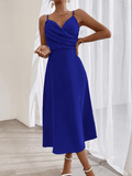 Yooulike Solid Color Bodycon Side Slit Draped V-Neck Ruffle Collar Backless Cami Sleeveless Elegant Fashion Prom BMidi Dress