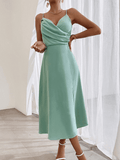 Yooulike Solid Color Bodycon Side Slit Draped V-Neck Ruffle Collar Backless Cami Sleeveless Elegant Fashion Prom BMidi Dress