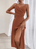 Yooulike Solid Color Bodycon Side Slit Draped V-Neck Ruffle Collar Backless Cami Sleeveless Elegant Fashion Prom BMidi Dress