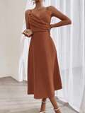 Yooulike Solid Color Bodycon Side Slit Draped V-Neck Ruffle Collar Backless Cami Sleeveless Elegant Fashion Prom BMidi Dress