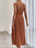 Yooulike Solid Color Bodycon Side Slit Draped V-Neck Ruffle Collar Backless Cami Sleeveless Elegant Fashion Prom BMidi Dress