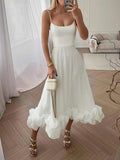 Yooulike Stereo Flower A-Line Big Swing Flouncy Bandeau Spaghetti Straps Sweet Elegant Fashion Prom Cocktail Midi Dress