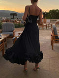 Yooulike Stereo Flower A-Line Big Swing Flouncy Bandeau Spaghetti Straps Sweet Elegant Fashion Prom Cocktail Midi Dress