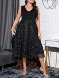 Yooulike Plus Size Polka Dot Shimmer Sparkly Glitter V-Neck V-Back Sleeveless Elegant Fashion Cocktail Party Midi Dress