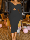 Yooulike Bodycon Cut Out V-Neck Long Sleeve Elegant Fashion Cocktail Below Knee Midi Dress