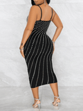 Yooulike Bodycon Rhinestone Shimmer Sweetheart Neckline Backless Spaghetti Straps Clubwear Elegant Fashion Cocktail Midi Dress