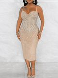 Yooulike Bodycon Rhinestone Shimmer Sweetheart Neckline Backless Spaghetti Straps Clubwear Elegant Fashion Cocktail Midi Dress