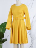 Yooulike Plus Size African Dress Big Swing Draped Round Neck Long Sleeve Daily Elegant Fashion A Line Midi Dress With Belt