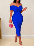 Yooulike Off Shoulder Ruched Bowknot Backless Short Sleeve Elegant Fashion Cocktail Bodycon Midi Dress