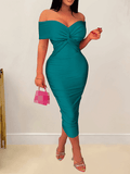 Yooulike Off Shoulder Ruched Bowknot Backless Short Sleeve Elegant Fashion Cocktail Bodycon Midi Dress