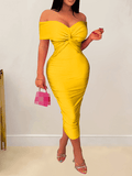 Yooulike Off Shoulder Ruched Bowknot Backless Short Sleeve Elegant Fashion Cocktail Bodycon Midi Dress