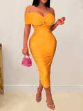 Yooulike Off Shoulder Ruched Bowknot Backless Short Sleeve Elegant Fashion Cocktail Bodycon Midi Dress