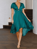 Yooulike Satin Heart Shape Cut Out Deep V Neck Ruffle Flutter Sleeve Elegant Fashion Wedding Party Below Knee Midi Dress