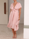 Yooulike Satin Heart Shape Cut Out Deep V Neck Ruffle Flutter Sleeve Elegant Fashion Wedding Party Below Knee Midi Dress