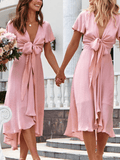 Yooulike Satin Heart Shape Cut Out Deep V Neck Ruffle Flutter Sleeve Elegant Fashion Wedding Party Below Knee Midi Dress