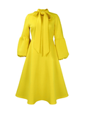 Yooulike African Office Lady Dress Bowknot Band Collar Retro Lantern Sleeve Big Swing Elegant Plus Size Midi Dress