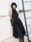 Yooulike Solid Color See Through Contrast Mesh High Neck Long Sleeve Gothic Prom Midi Dress Halloween