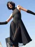 Yooulike Solid Color See Through Contrast Mesh High Neck Long Sleeve Gothic Prom Midi Dress Halloween