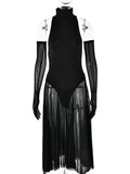 Yooulike Solid Color See Through Contrast Mesh High Neck Long Sleeve Gothic Prom Midi Dress Halloween