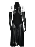 Yooulike Solid Color See Through Contrast Mesh High Neck Long Sleeve Gothic Prom Midi Dress Halloween