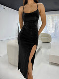 Yooulike Women Shimmer Side Slit Backless Spaghetti Straps Sleeveless Clubwear Chic Cocktail Bodycon Midi Dress