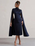 Yooulike Satin High Neck Slit Sleeve Buttons With Cape Sleeves Woemn Chic Evening Party Prom Midi Dress