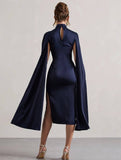 Yooulike Satin High Neck Slit Sleeve Buttons With Cape Sleeves Woemn Chic Evening Party Prom Midi Dress