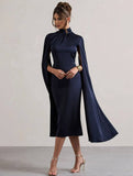 Yooulike Satin High Neck Slit Sleeve Buttons With Cape Sleeves Woemn Chic Evening Party Prom Midi Dress