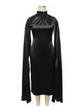 Yooulike Satin High Neck Slit Sleeve Buttons With Cape Sleeves Woemn Chic Evening Party Prom Midi Dress