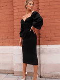 Yooulike Pencil Dress Off Shoulder Puff Sleeve Long Sleeve Elegant Party Office Lady Bodycon Midi Dress