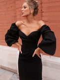 Yooulike Pencil Dress Off Shoulder Puff Sleeve Long Sleeve Elegant Party Office Lady Bodycon Midi Dress