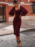 Yooulike Pencil Dress Off Shoulder Puff Sleeve Long Sleeve Elegant Party Office Lady Bodycon Midi Dress