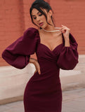 Yooulike Pencil Dress Off Shoulder Puff Sleeve Long Sleeve Elegant Party Office Lady Bodycon Midi Dress