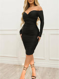 Yooulike Off Shoulder Long Sleeve Midi Dress Chic Elegant Prom Cocktail Solid Color Ruched Bodycon Dress