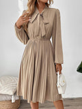 Yooulike Bowknot Single Breasted Pleated Tie Neck Shirt Dress Long Sleeve Elegant Casual Fashion Chic Midi Dress