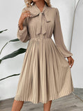 Yooulike Bowknot Single Breasted Pleated Tie Neck Shirt Dress Long Sleeve Elegant Casual Fashion Chic Midi Dress