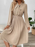 Yooulike Bowknot Single Breasted Pleated Tie Neck Shirt Dress Long Sleeve Elegant Casual Fashion Chic Midi Dress