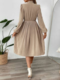 Yooulike Bowknot Single Breasted Pleated Tie Neck Shirt Dress Long Sleeve Elegant Casual Fashion Chic Midi Dress