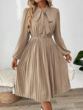 Yooulike Bowknot Single Breasted Pleated Tie Neck Shirt Dress Long Sleeve Elegant Casual Fashion Chic Midi Dress