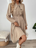 Yooulike Bowknot Single Breasted Pleated Tie Neck Shirt Dress Long Sleeve Elegant Casual Fashion Chic Midi Dress