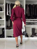 Yooulike Women Solid Color V-Neck Buttons Belt Slit Elegant Casual Daily Chic Formal Banquet Midi Dress