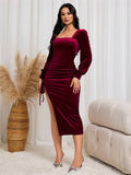 Yooulike Women Solid Color Bodycon Wedding Guest Dress Square Neck Side Slit Elegant Velvet Midi Dress Christmas Outfits