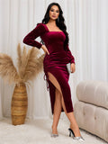 Yooulike Women Solid Color Bodycon Wedding Guest Dress Square Neck Side Slit Elegant Velvet Midi Dress Christmas Outfits