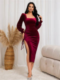 Yooulike Women Solid Color Bodycon Wedding Guest Dress Square Neck Side Slit Elegant Velvet Midi Dress Christmas Outfits