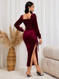 Yooulike Women Solid Color Bodycon Wedding Guest Dress Square Neck Side Slit Elegant Velvet Midi Dress Christmas Outfits