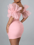 Yooulike Patchwork Bodycon Tulle Cascading Ruffle Boat Neck Bandeau Off Shoulder Short Sleeve Cute Chic Cocktail Mini Dress