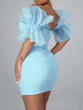 Yooulike Patchwork Bodycon Tulle Cascading Ruffle Boat Neck Bandeau Off Shoulder Short Sleeve Cute Chic Cocktail Mini Dress